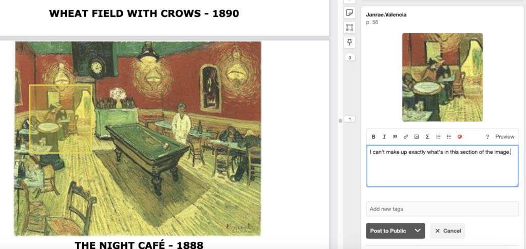 It shows the annotation card in the Hypothesis sidebar displaying a preview of the selected area using the rectangle selection tool along with the field to enter an annotation.